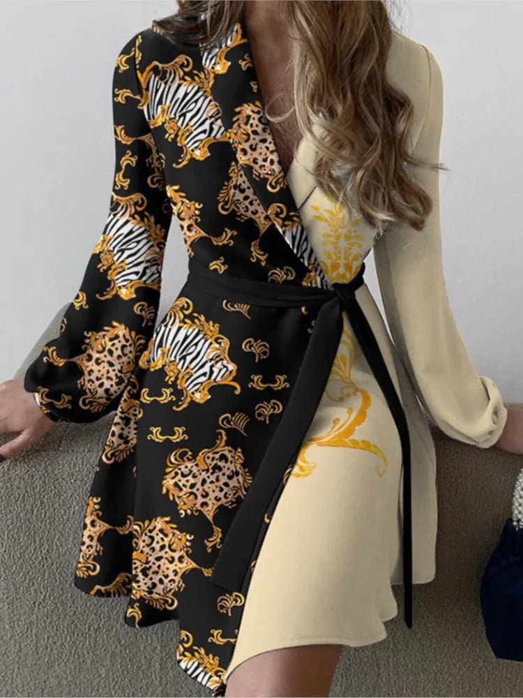 Robe de travail pour femmes, imprimé Floral, Colorblock, détail noué, manches longues, col en V, robes élégantes, automne 2023