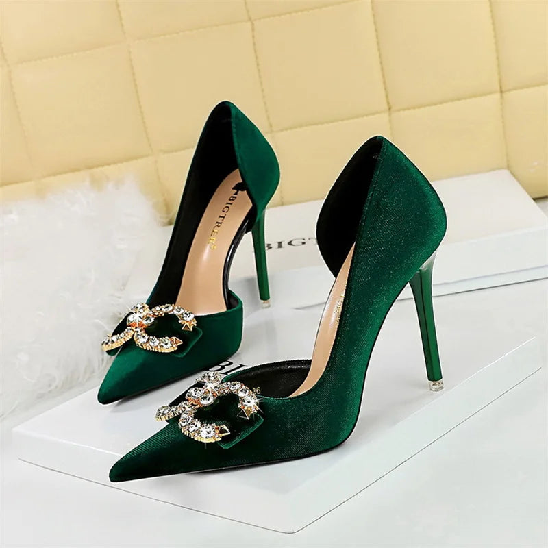 Mode femmes talon haut strass boucle arc vert rose bout pointu pompes de fête velours luxe élégant mariage chaussures de soirée
