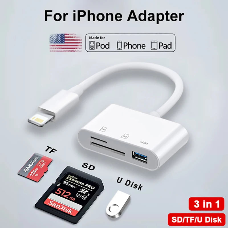 Lecteur de carte SD TF 3 en 1, pour Apple iPhone 14 12 13 11 Pro Max XR XS, convertisseur de caméra USB C pour iPad Android ordinateur portable, adaptateur OTG
