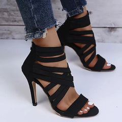 Sexy Peep Toe bande élastique croix femmes talons hauts sandales été nouveau dos fermeture éclair couverture talon gladiateur chaussure pompe noir