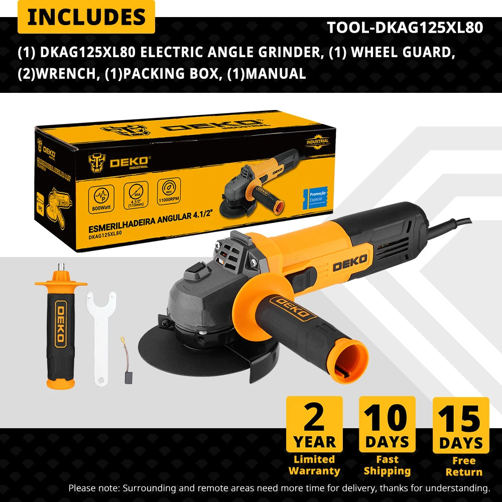 DEKO New Electric Angle Grinder 115mm 800W 11000rpm Metal Wood Power Tools Plug-in Cutting Machine Grinder