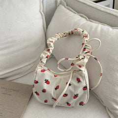 Petit sac sous les bras pour femmes, sac à main en velours côtelé, mignon imprimé fraise, petit fourre-tout demi-lune Design, sac à main en tissu écologique, Mini sacs à bandoulière