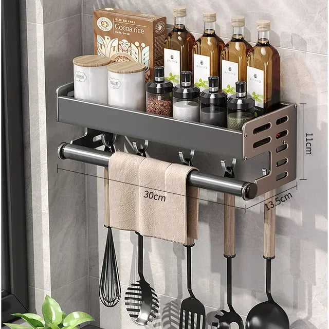 Étagère à condiments de cuisine murale élégante avec boîte de rangement, support multifonctionnel pour ustensiles ménagers avec distributeur d'huile et de vinaigre