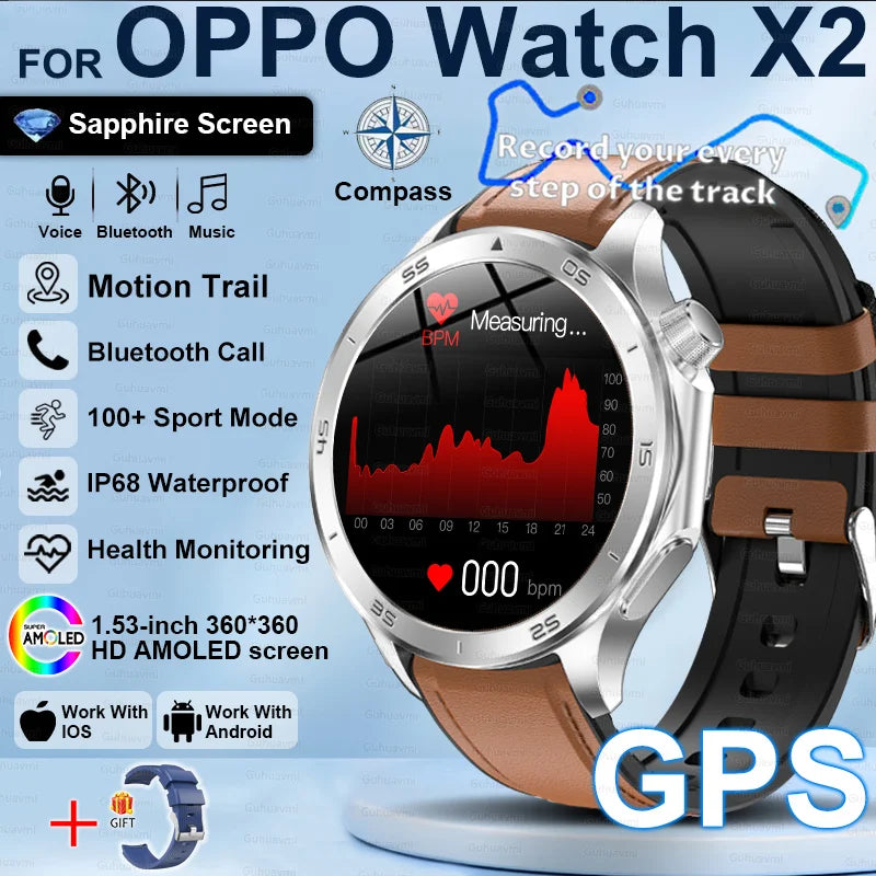Pour OPPO X2 GPS montres intelligentes homme 360*360 AMOLED écran fréquence cardiaque Bluetooth appel IP68 étanche boussole sport Smartwatch 2025