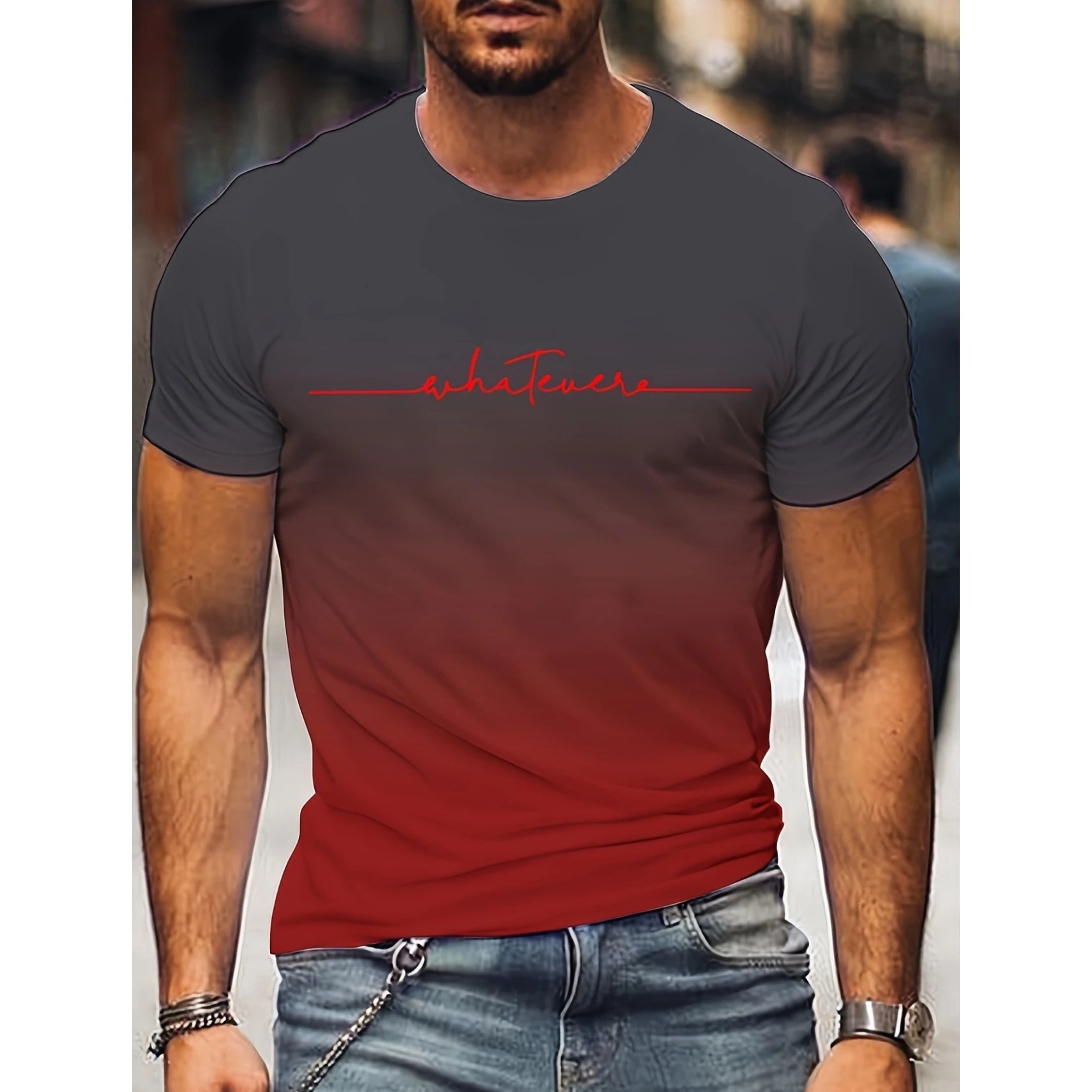 2024 Summer Fashion Men's Clothing Trendy Design Gradient Color Letter Print T-Shirt Top Breathable Soft Short Sleeve Menswear