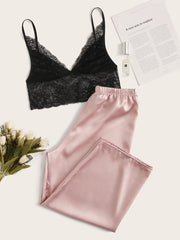 PaJamas Sexy ensemble ceinture élastique vêtements de détente dentelle Camisole et pantalon Long Sexs vêtements de nuit doux vêtements de loisirs élégant Satin Homewear