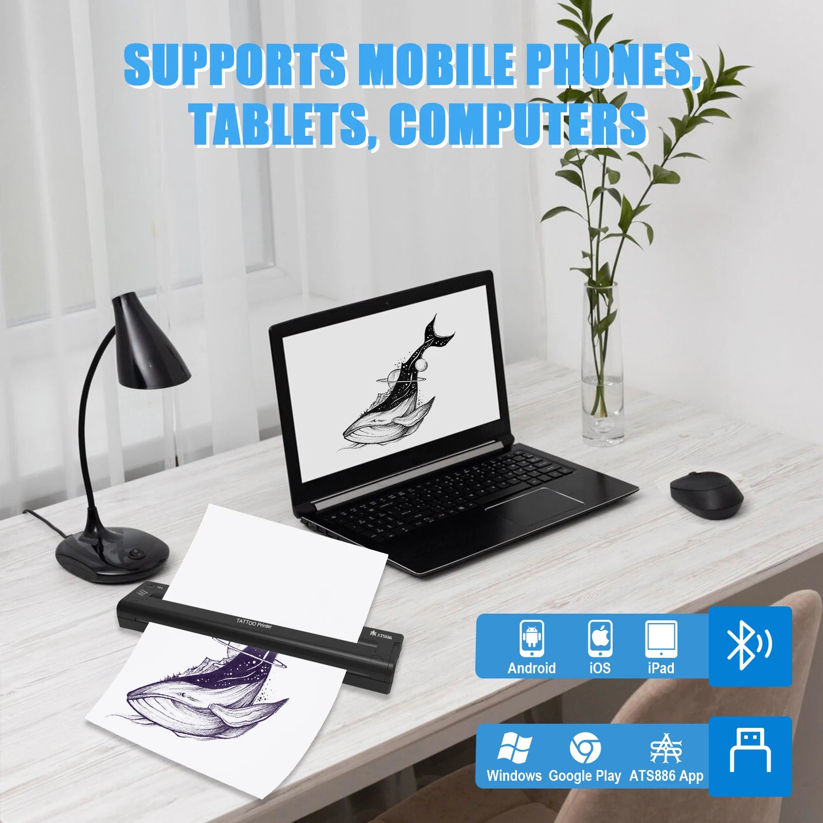 Imprimante de Transfert de Cailloux de Tatouage Portable ATS886, Appareil Thermique pour Dessiner des Lignes et des Photos