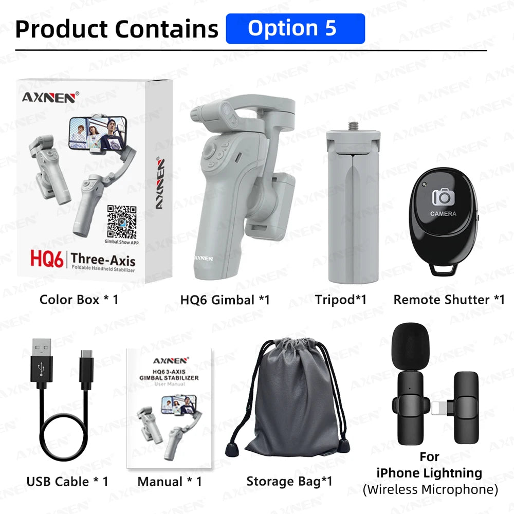 AXNEN HQ6 Gimbal à Main 3 Axes Intelligent avec Lumière de Remplissage pour iPhone, Samsung, Huawei, Xiaomi, VIVO, OPPO, Suivi du Visage, Kit TikTok et Vlog