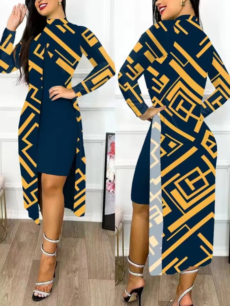 Ensemble deux pièces pour femmes, robes imprimées, manches longues, col mi-haut, Cardigan fendu, costumes élégants, ligne A, bureau, Y2k