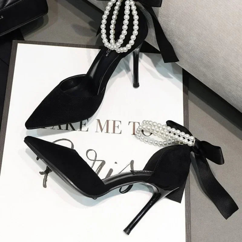Escarpins pointus de marque pour femmes, chaussures de printemps, Parker, solide, troupeau, perles, nœud, bouche peu profonde, nouveauté, talons hauts, 2023