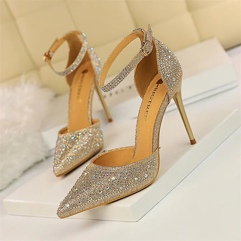 Sandales pointues à bouche peu profonde pour femmes, talons hauts creux, escarpins de mariage, champagne, or, paillettes de cristal, biscuits, Parker