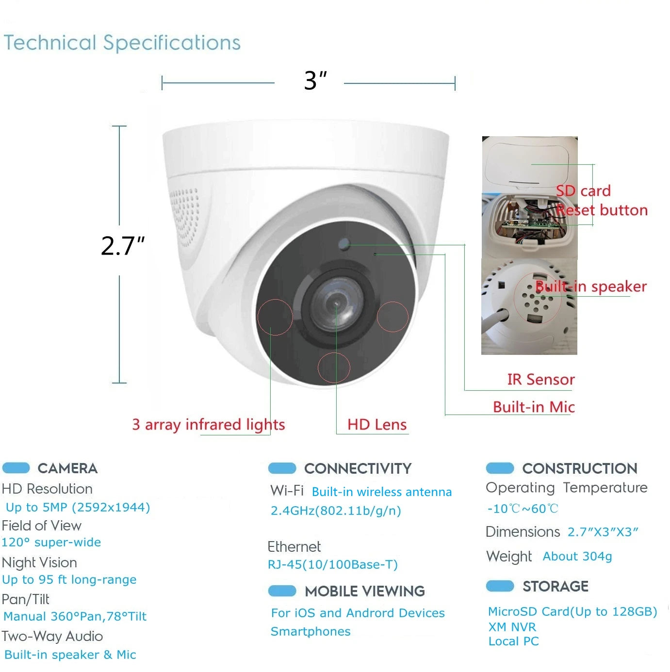 Caméra IP Wifi dôme sans fil 2592x1944P 5.0MP, caméra de sécurité à Vision nocturne, caméra de vidéosurveillance P2P avec coupe IR, prend en charge la carte TF