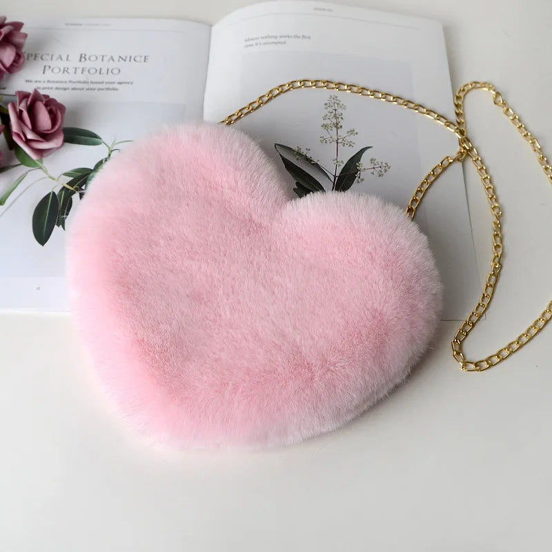 Mode femmes en forme de coeur sacs à main mignon Kawaii fausse fourrure sacs à bandoulière portefeuille sac à main en peluche chaîne sac à bandoulière dame sac à main