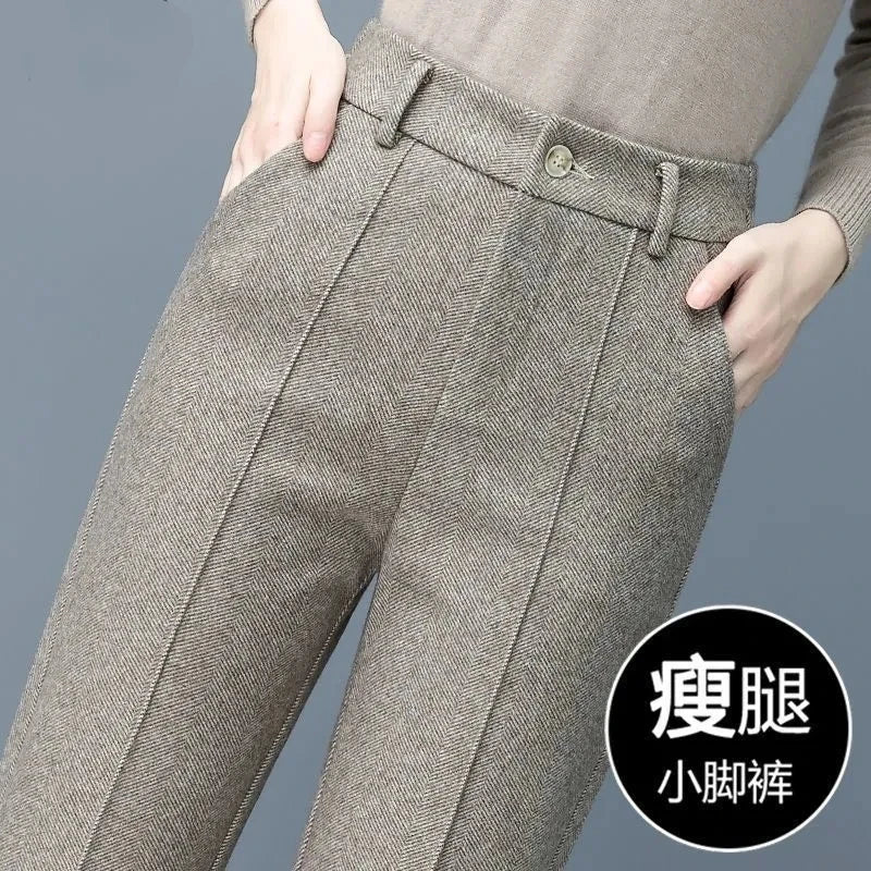 Pantalon en laine pour femme, sarouel droit élégant, polaire, Version coréenne, Blazer chaud, décontracté, collection automne-hiver 2024