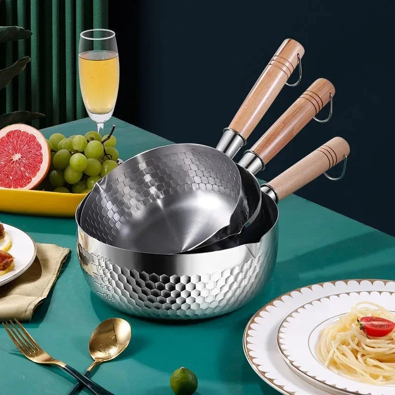 Casserole en acier inoxydable, manche en bois massif avec crochet, poêle à Sauce polyvalente avec becs verseurs, marmite à Sauce, marmite de cuisson