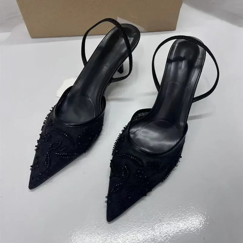 Femme concepteur maille sandales à talons ouverts chaussures mode impression bout pointu femmes pompes à talons hauts Sexy Stiletto dame Mules