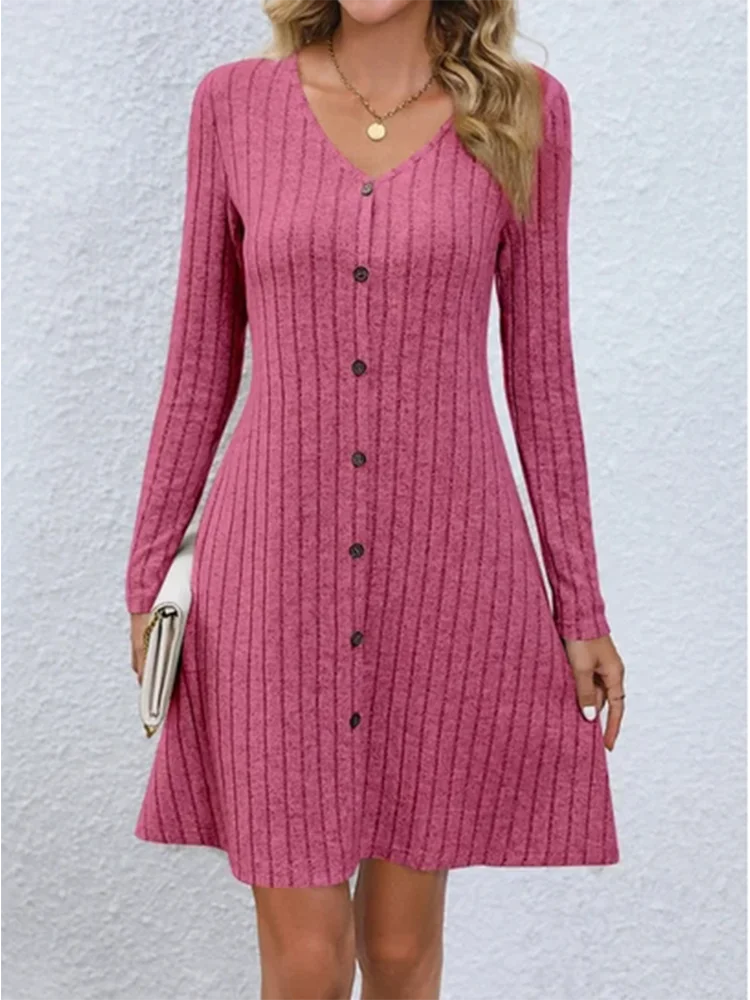 Robe boutonnée à col en v pour femmes, monochromatique, ligne a, décontractée, confortable, tendance printemps automne