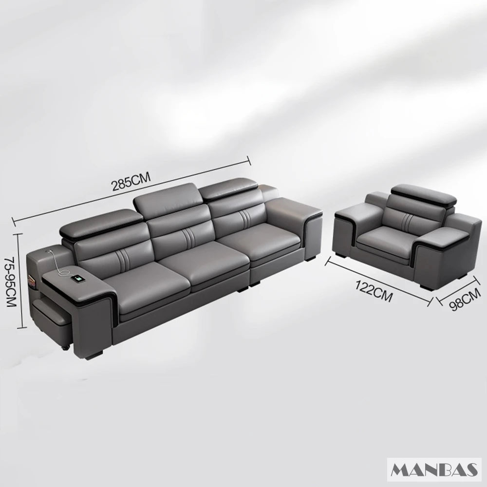 MINGDIBAO Leather Sectional Sofa Set with Cup Holder, USB, Adjustable Headrests & Bluetooth Speaker Living Room Couch with Stool