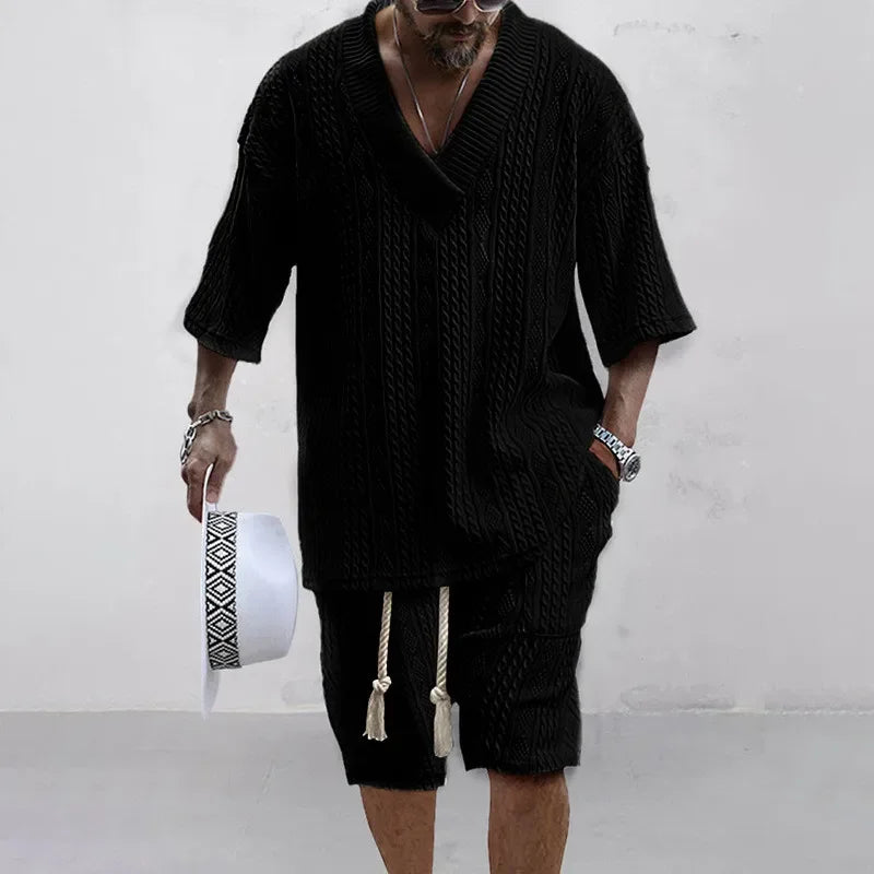 Ensemble deux pièces tricoté pour hommes, T-shirt et Short décontractés, col en v, manches courtes, Streetwear, tenues en tricot, été 2024