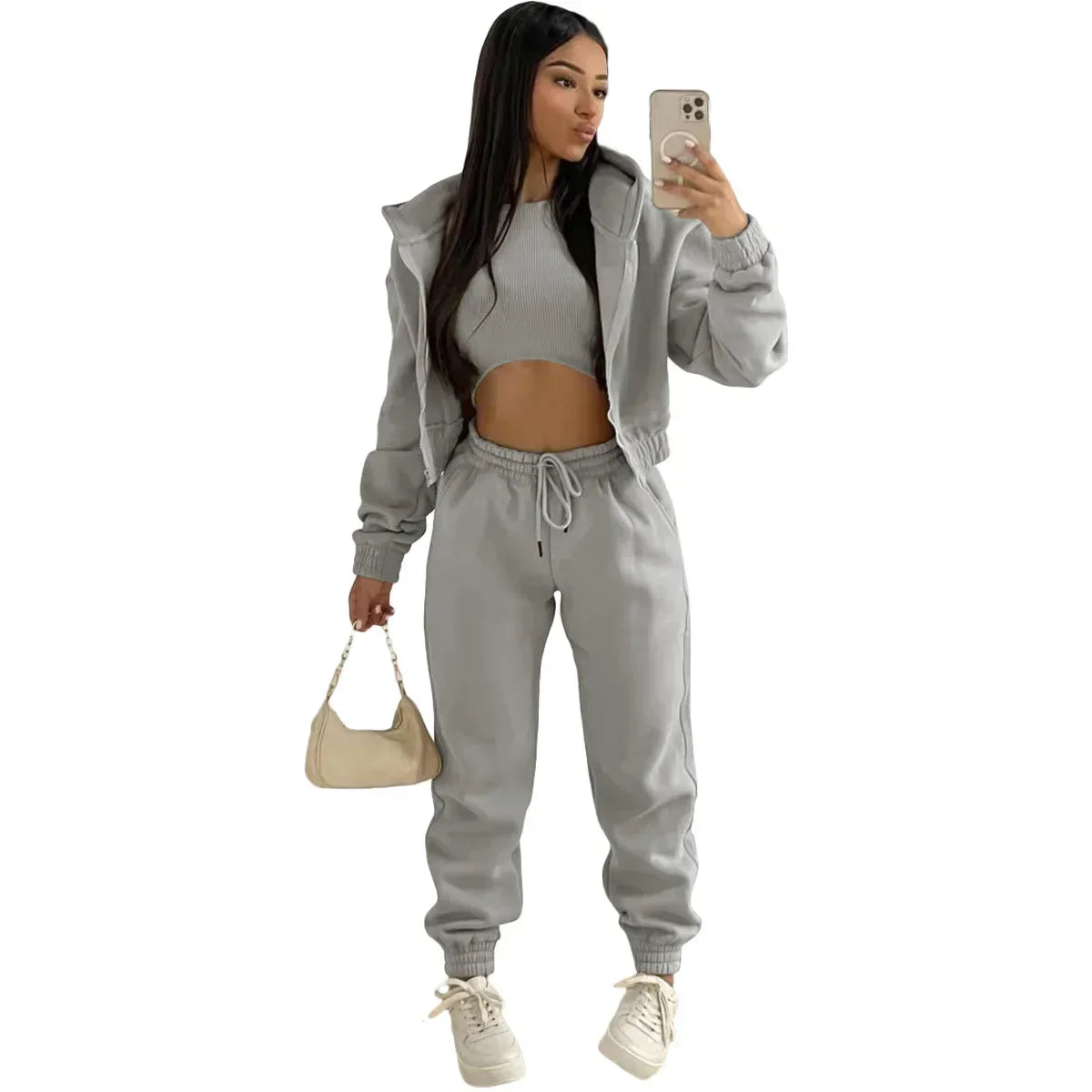 Ensemble de vêtements pour femmes, 3 pièces, pull à capuche doublé polaire, débardeur sans manches et pantalon de survêtement de sport