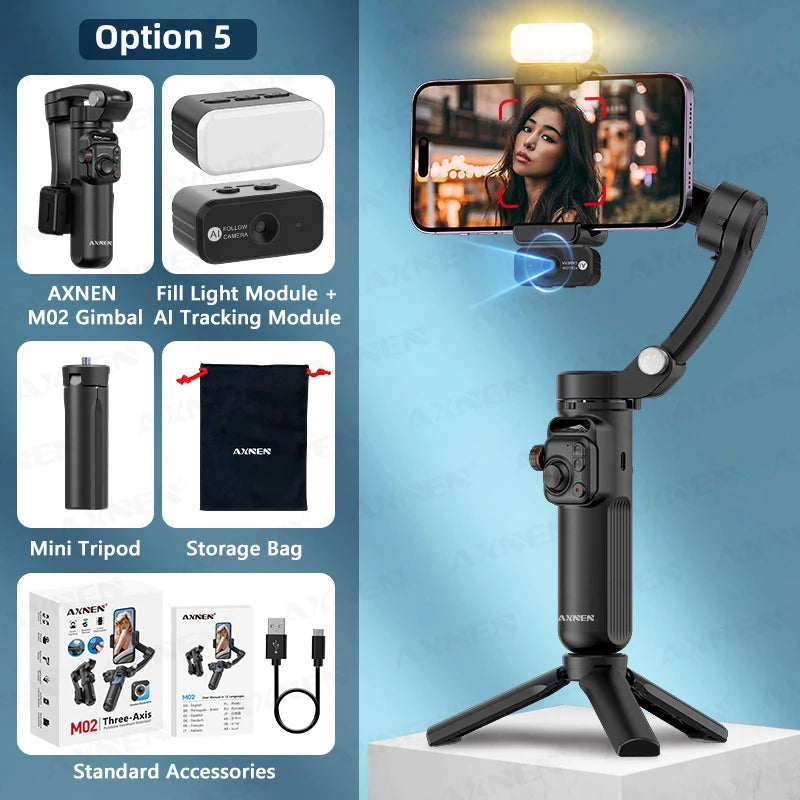 AXNEN M02 stabilisateur de Smartphone à cardan 3 axes Anti-secouement enregistrement vidéo jumelles de Selfie portables pour iPhone Android suivi du visage