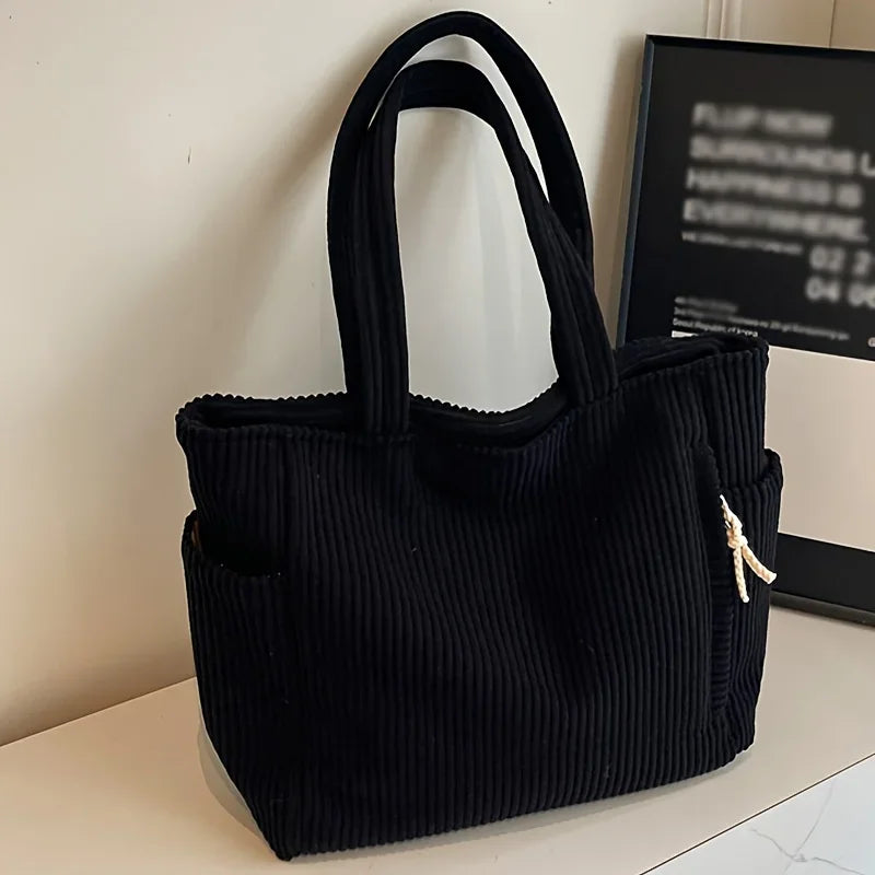 Sac à main décontracté en velours côtelé avec fermeture à glissière, léger et grande capacité, bandoulière fixe, couleur unie, sac à main de banlieue quotidien