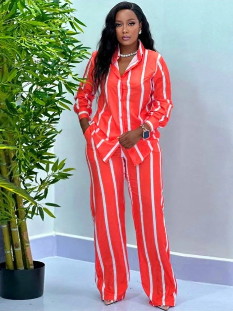 Striped Printed Long-sleeved Shirt Women's Suit Spring Autumn New Simple Casual Straight Pants Elegant Femaleo Ffice 2 Piece Set