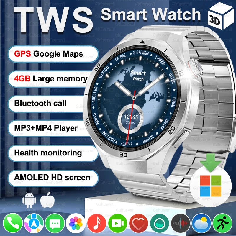 Pour HUAWEI 4GB mémoire hommes affaires Smartwatch Bluetooth appel surveillance de la santé GPS Navigation montre intelligente connecter TWS écouteurs