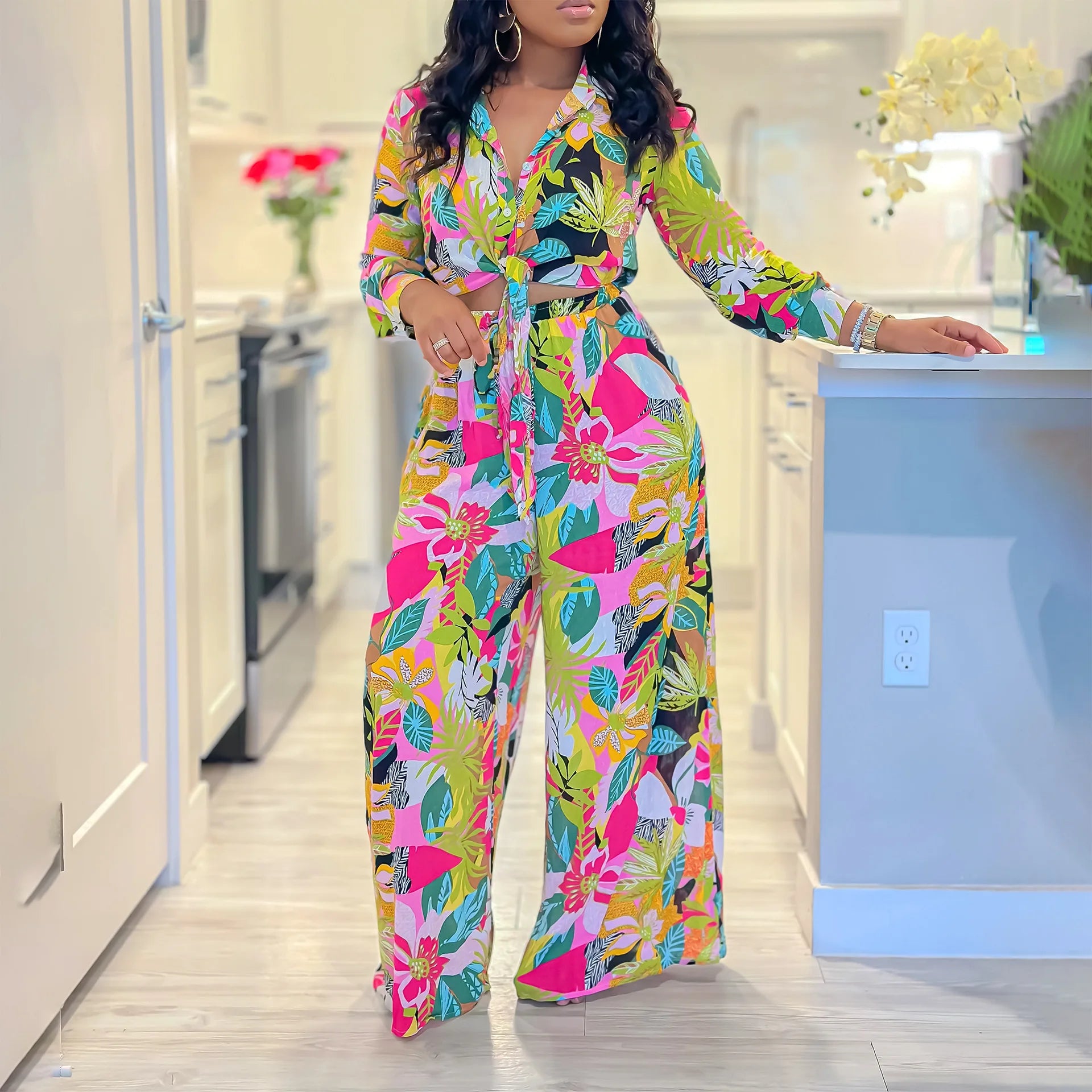 2024 Spring Summer New Long Sleeved Printed Suit For Women Fashion Lapel Single Breasted Shirt Wide Leg Trousers Two Piece Set