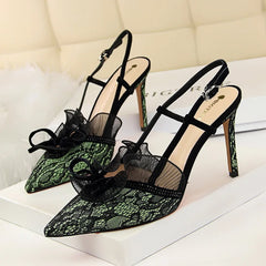 Mode femmes sandales maille strass dentelle creux chaton pompes talons aiguilles été 313-5mince talon haut chaussures simples Grace pantoufles