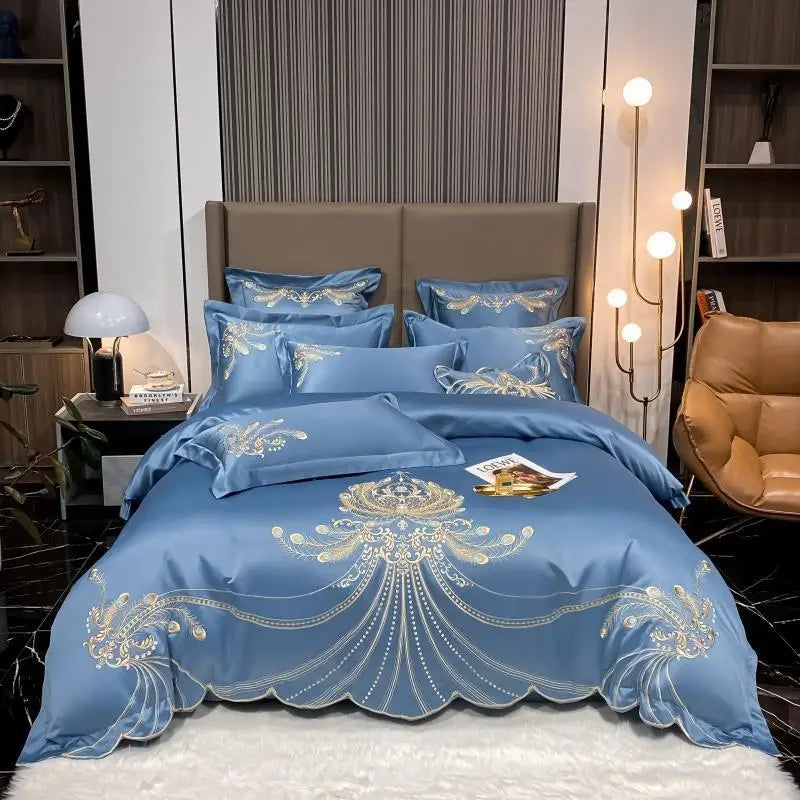 4/6 pièces blanc gris satin or broderie luxe Satin coton ensemble de literie Double reine roi housse de couette drap de lit taies d'oreiller
