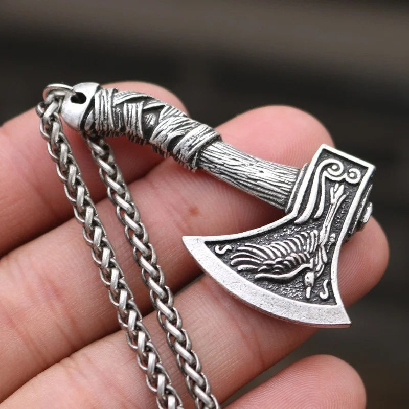 rétro corbeau prairie loup Double face Viking Tomahawk pendentif collier charme collier pour hommes accessoire en métal bijoux de fête