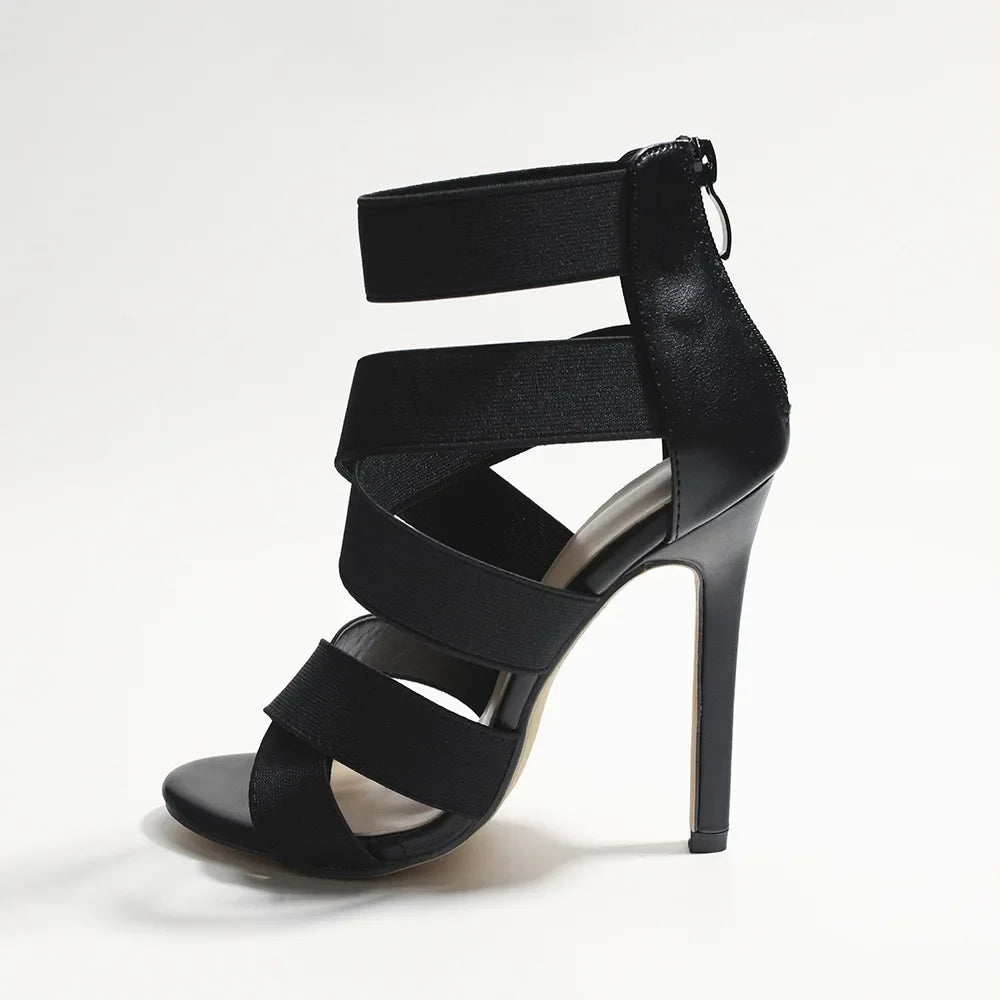 Chaussures de gladiateur sexy à bout ouvert pour femmes, sandales à talons très hauts, escarpins à large bande avec fermeture éclair au dos, sandales de fête de mariage noires