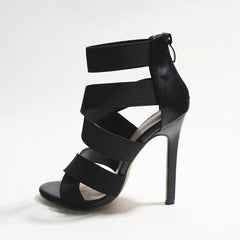Chaussures de gladiateur sexy à bout ouvert pour femmes, sandales à talons très hauts, escarpins à large bande avec fermeture éclair au dos, sandales de fête de mariage noires