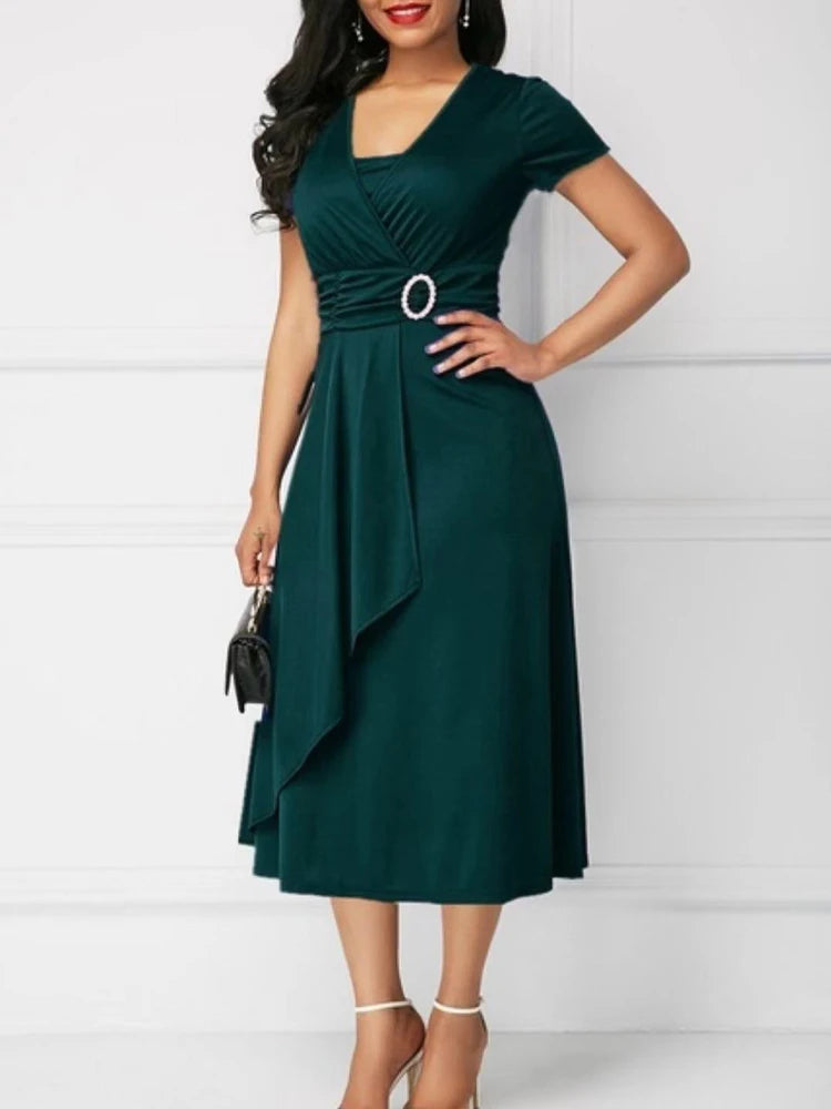 Robes d'été élégantes pour femmes, couleur unie, manches courtes, col en V, ourlet asymétrique, taille serrée, robe de soirée mi-longue pour dames