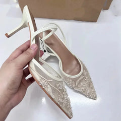 Femme concepteur maille sandales à talons ouverts chaussures mode impression bout pointu femmes pompes à talons hauts Sexy Stiletto dame Mules