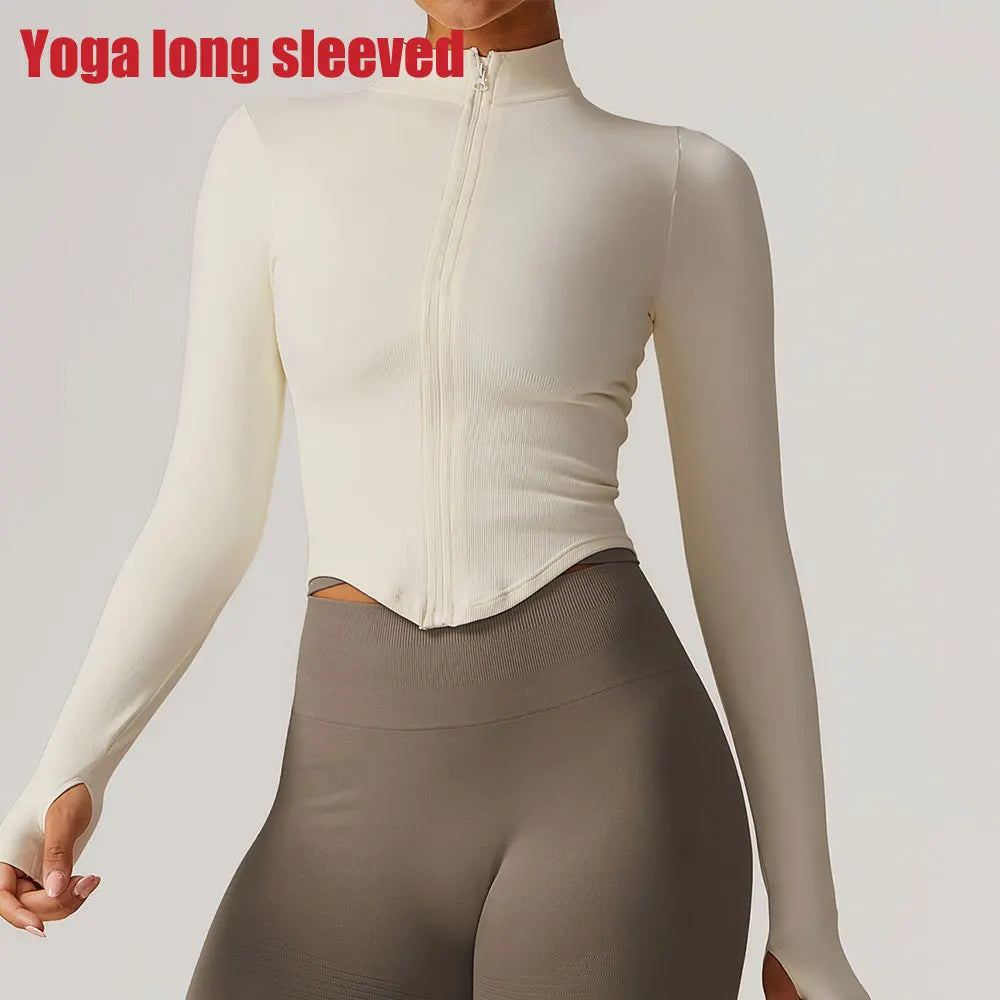 Veste à fermeture éclair pour femmes, haut court, T-shirts de Yoga, haut de Sport solide, chemises de course à manches longues, Sexy, séchage rapide, Fitness, vêtements de Sport