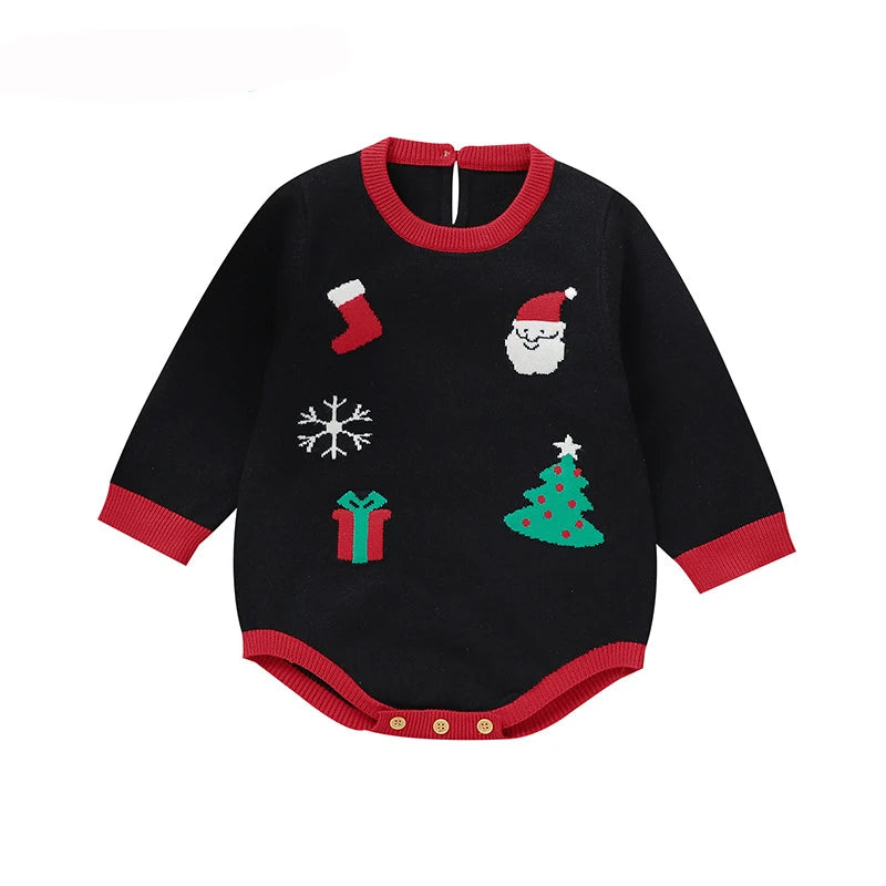 2025 Combinaison de Noël unisexe pour bébé Vert Vêtements mignons pour nouveau-né Automne Hiver Garçons Filles Col rond Cadeau de Noël Body en tricot