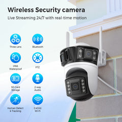 BESDER 6K 12MP HD trois écrans WIFI caméra IP extérieure trois objectifs Ai détection humaine étanche CCTV vidéo caméra de sécurité iCsee