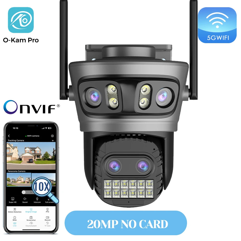 Caméra Wifi d'extérieur 20MP Caméra HD 10K à trois objectifs Caméra IP PTZ 5G Objectif zoom numérique 10X Caméra de  suivi humain AI Auto Detect Caméra de sécurité Caméra de sécurité pour la maison Caméra Wifi e