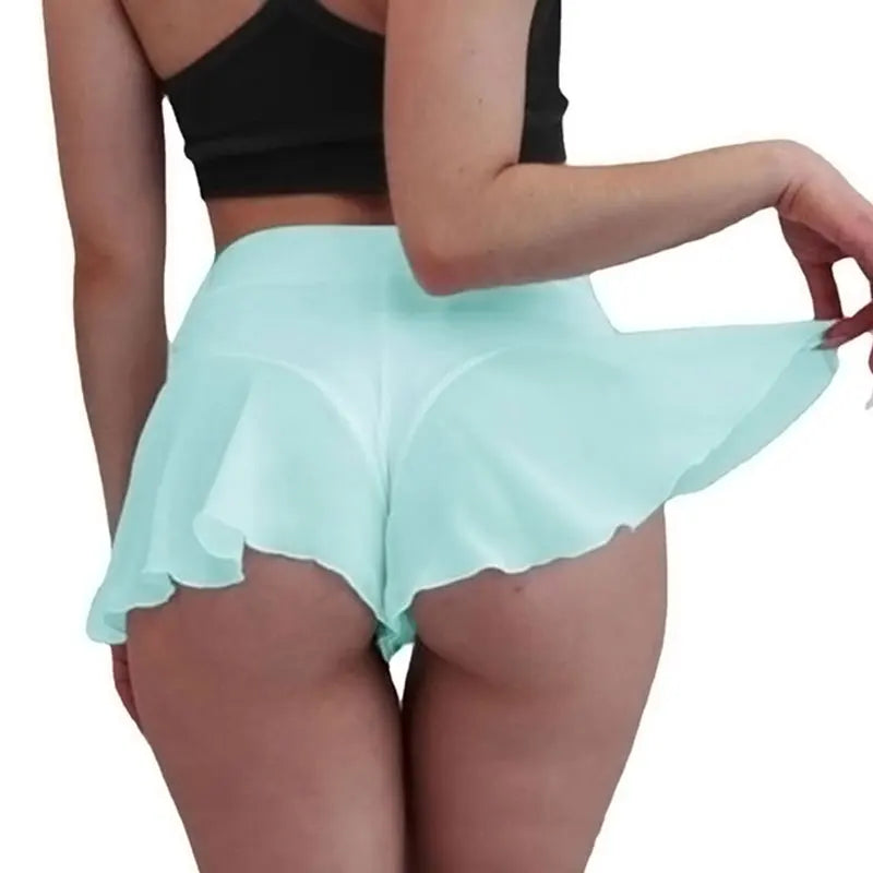 Femmes Sexy Sheer Ruffles Jupe Shorts Transparent Taille Haute Mini Jupes Sports D'été Fitness Yoga brevPantalon Chaud S-3XL
