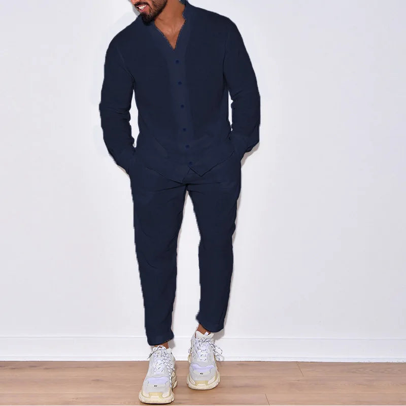 Europe et états-unis hommes nouveau costume décontracté hommes 100% coton monochrome automne mode maison chemise ample à manches longues