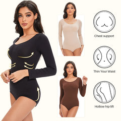 POKARLA Spandex élastique Body costume Shapewear femmes corps Shaper ventre contrôle à manches longues ouvert entrejambe col rond sans couture Shapers
