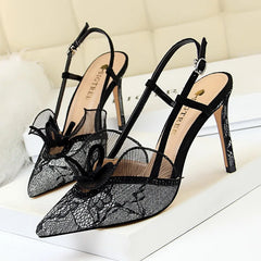 Mode femmes sandales maille strass dentelle creux chaton pompes talons aiguilles été 313-5mince talon haut chaussures simples Grace pantoufles