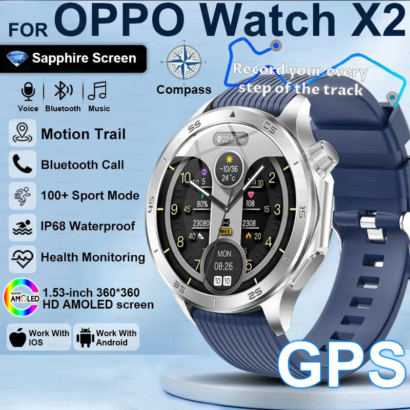 Pour OPPO X2 GPS montres intelligentes homme 360*360 AMOLED écran fréquence cardiaque Bluetooth appel IP68 étanche boussole sport Smartwatch 2025