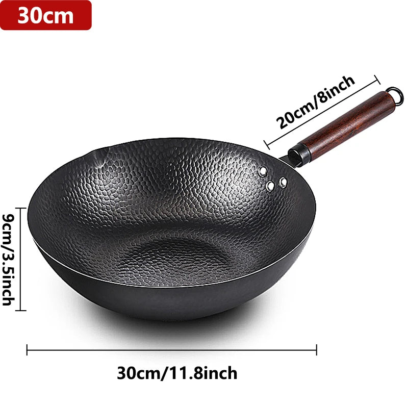 Poêle Wok en acier au carbone, 32cm, avec couvercle en bois, poêle chinoise à fond plat non revêtu, pour gaz électrique à Induction, toutes les cuisinières