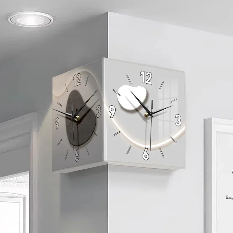 Horloge murale Double face créative salon murale coin horloges Art moderne lumière LED horloge murale décoration suspendue