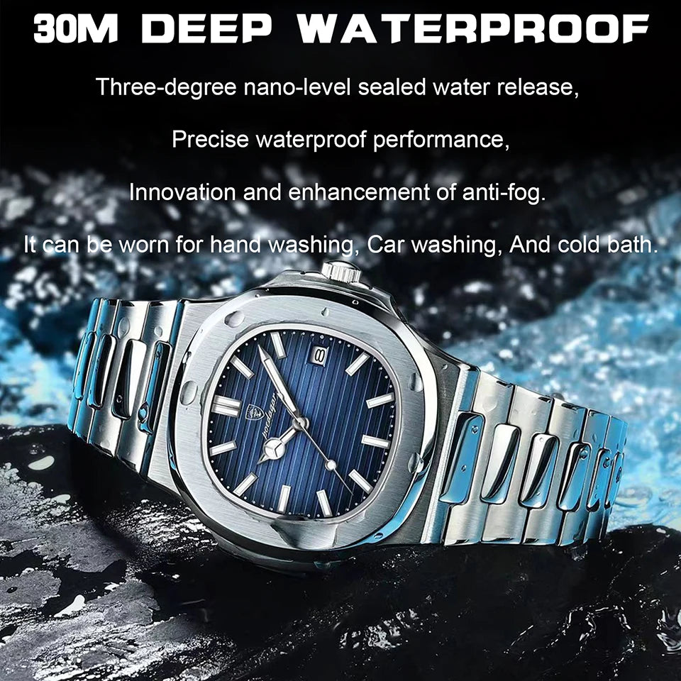 POEDAGAR Montre de luxe Entreprise étanche Horloge masculine Lumineuse Date En Acier Inoxydable Carré Quartz Hommes Montre reloj hombre 2024 Nouveau