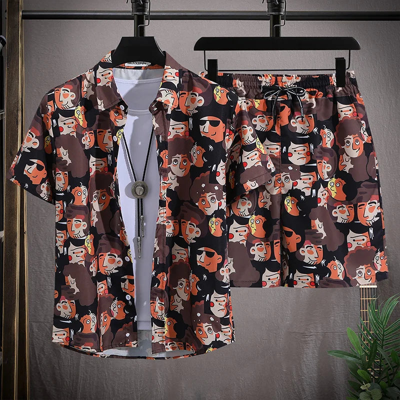 Ensemble de plage hawaïenne pour hommes Chemise à manches courtes à simple boutonnage et shorts Tenue de voyage décontractée pour vacances d’été