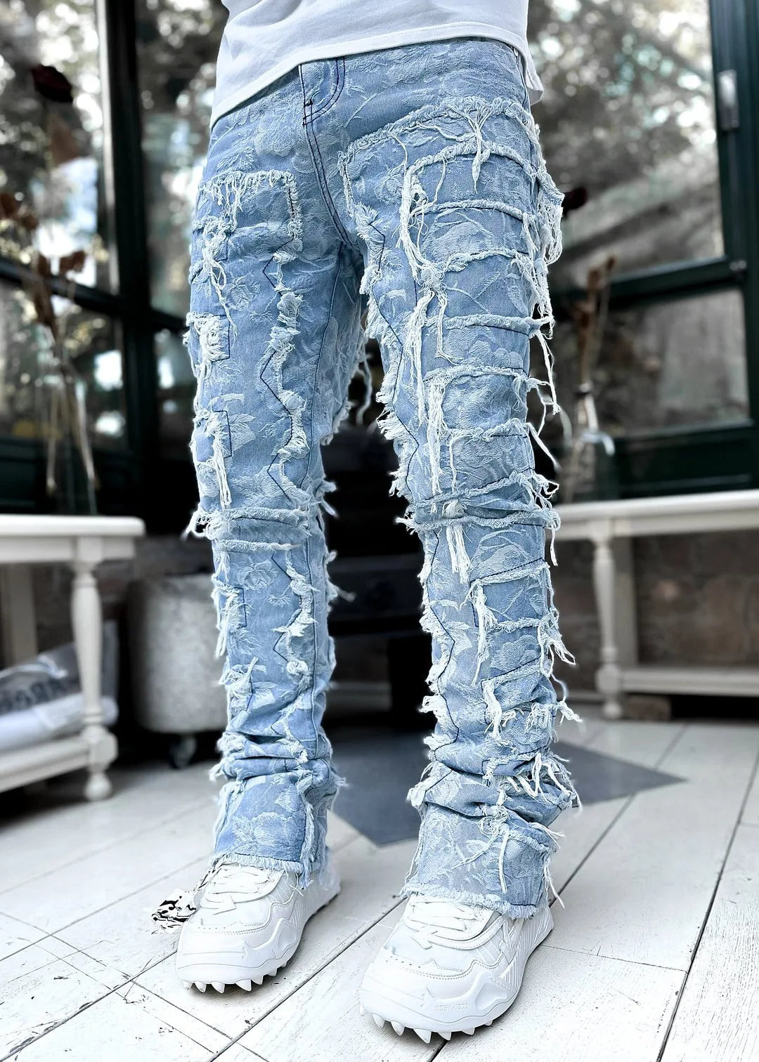 Jean empilé coupe régulière pour hommes déchiré coupe slim patch délavé Pantalon en denim droit détruit Hip Hop Pantalon streetwear tissu